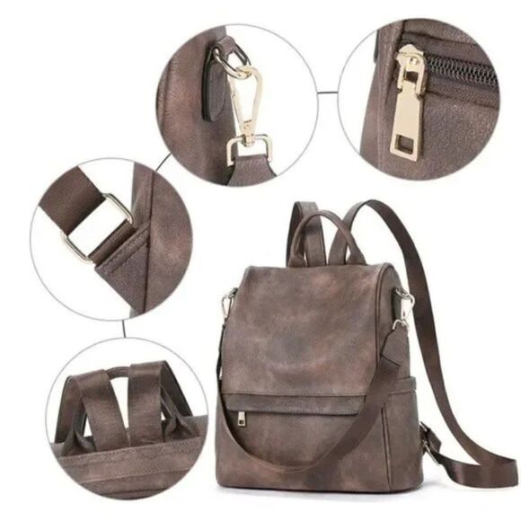 NEW Backpack PU Leather Brown Coffee - Picture 5 of 7